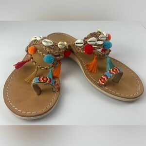 Cocobelle Women's Kopi Santa Fe Leather Tassel Shell Pompom Sandals Beach Size 6